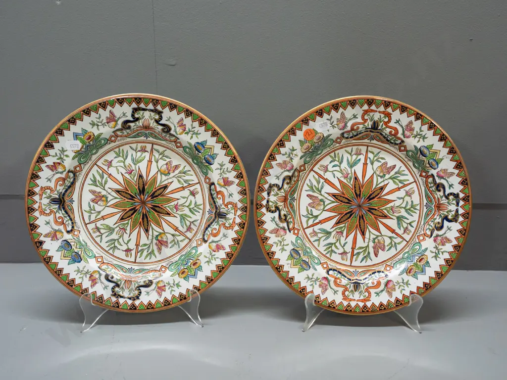 pair of Victorian Ashworth ironstone cabinet plates with Chinoiserie floral and butterfly motifs - minor staining, one Image 1++