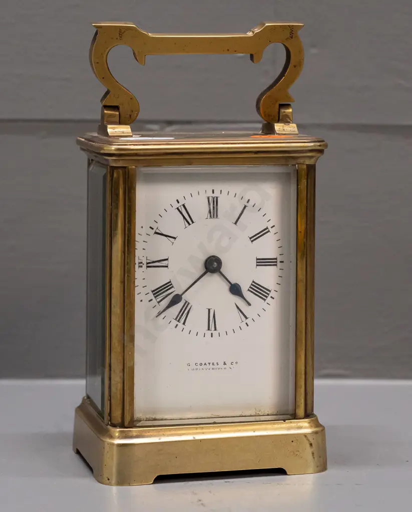 vintage brass-cased carriage clock - porcelain face marked G. Coates & Co. Christchurch NZ, w/ bevelled glass sides, Image 1++