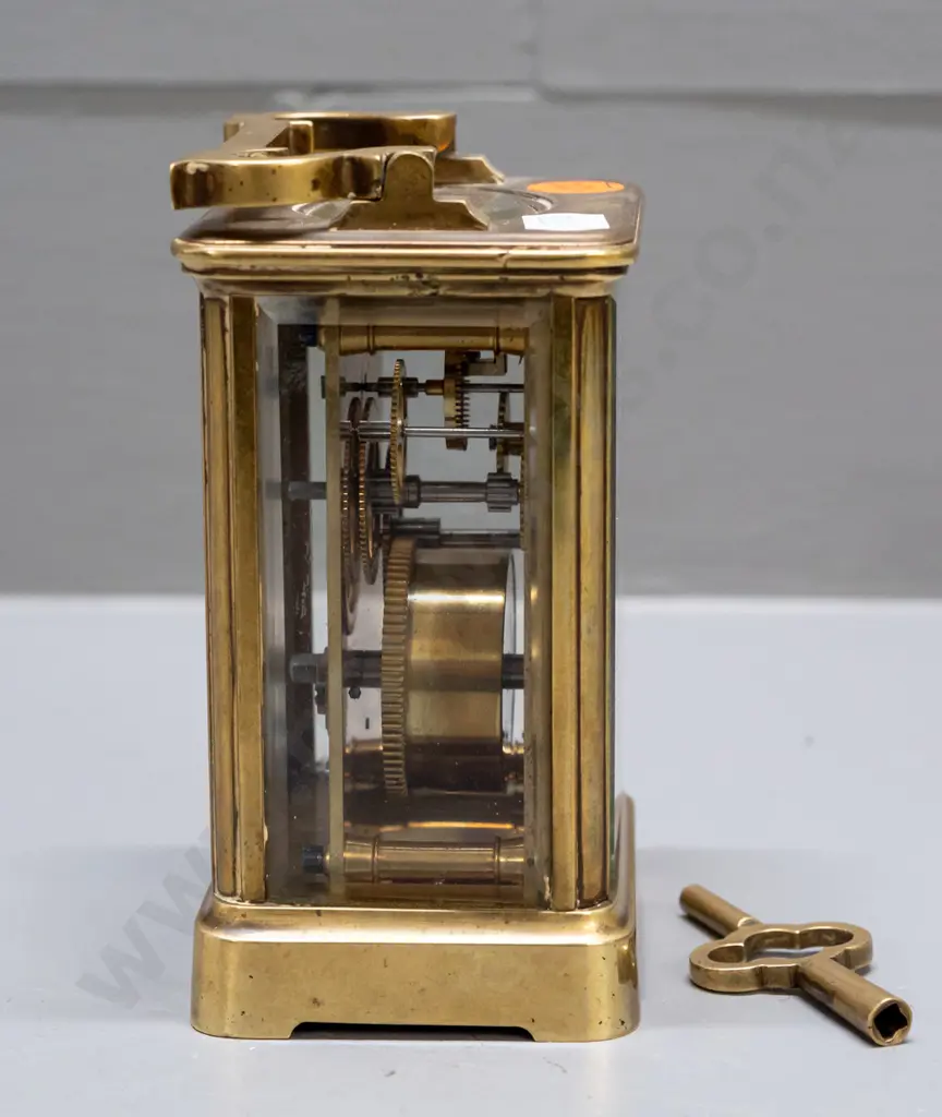 vintage brass-cased carriage clock - porcelain face marked G. Coates & Co. Christchurch NZ, w/ bevelled glass sides, Image 1++