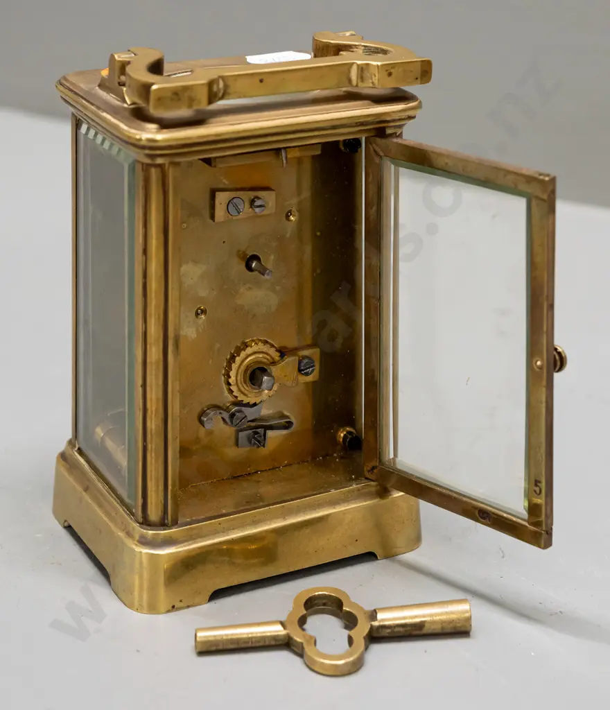 vintage brass-cased carriage clock - porcelain face marked G. Coates & Co. Christchurch NZ, w/ bevelled glass sides, Image 1++