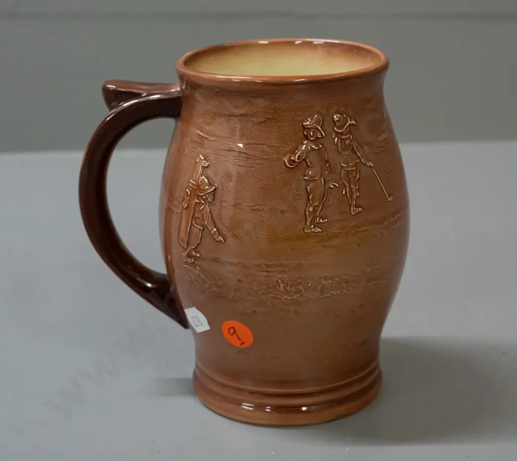 Royal Doulton Kingsware golfing jug - light brown background. H-145 W-120 at handle Image 1++