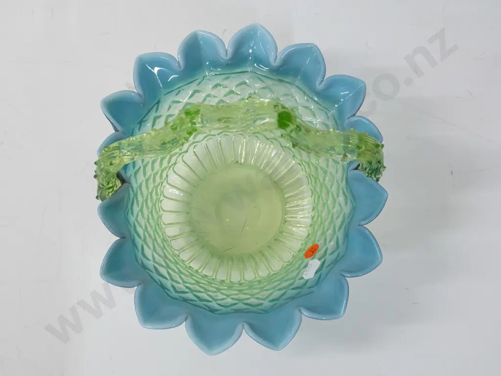 vintage ornate uranium glass basket, diamond pattern bowl with blue over milk glass rim, bright glow H-200 D-255 Image 1++