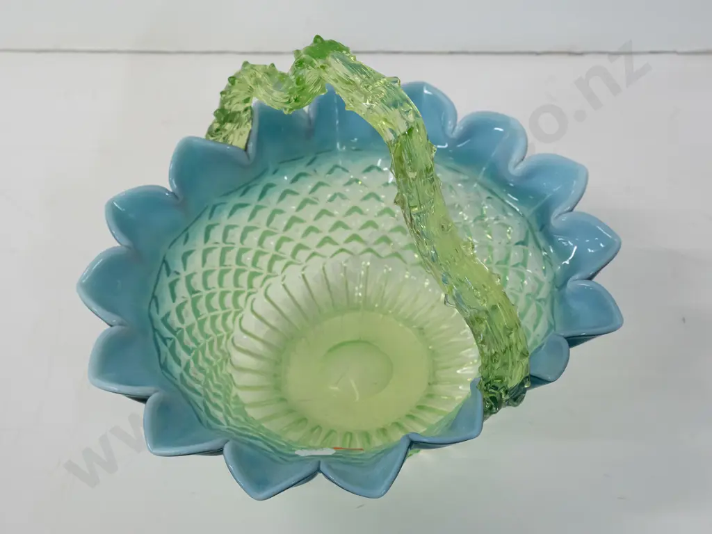 vintage ornate uranium glass basket, diamond pattern bowl with blue over milk glass rim, bright glow H-200 D-255 Image 1++