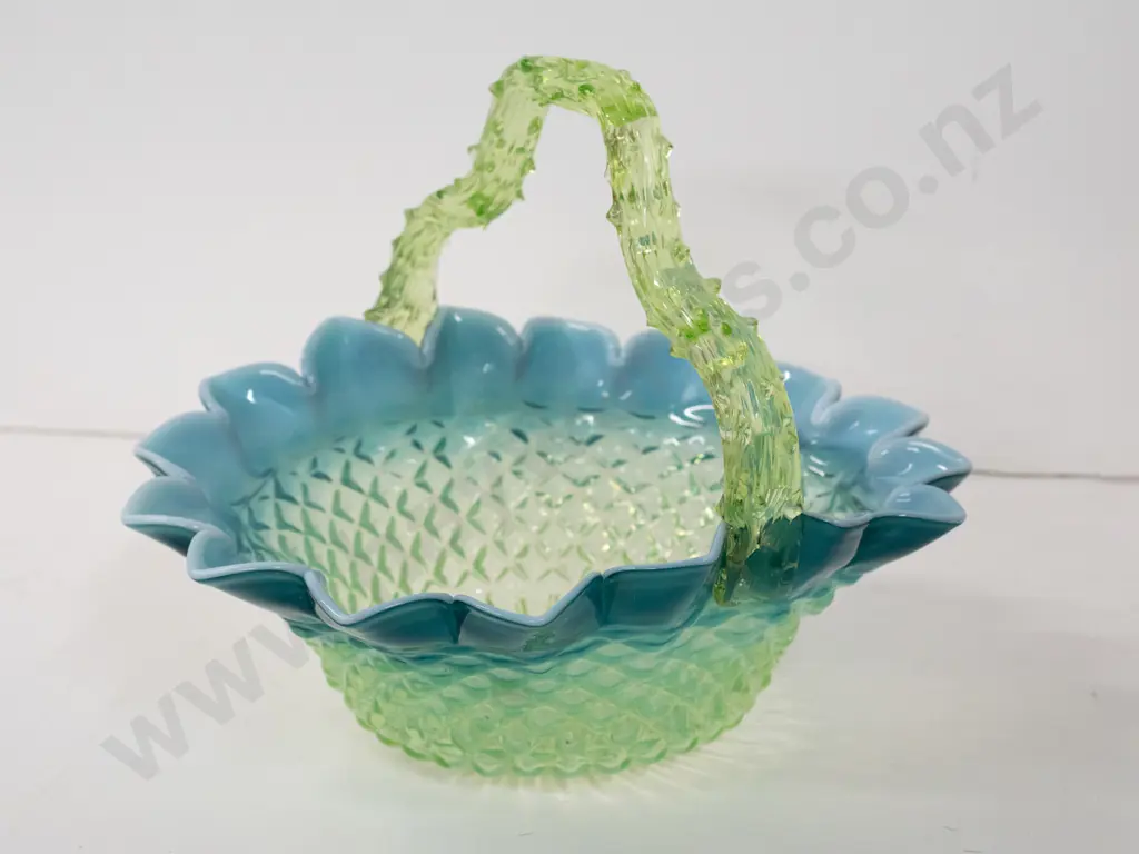 vintage ornate uranium glass basket, diamond pattern bowl with blue over milk glass rim, bright glow H-200 D-255 Image 1++