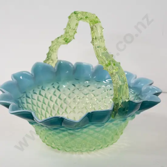 vintage ornate uranium glass basket, diamond pattern bowl with blue over milk glass rim, bright glow H-200 D-255