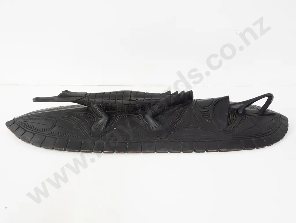 large dark stained carved wood wall shield with crocodile above stylized bird head H-900 W-280 Image 1++