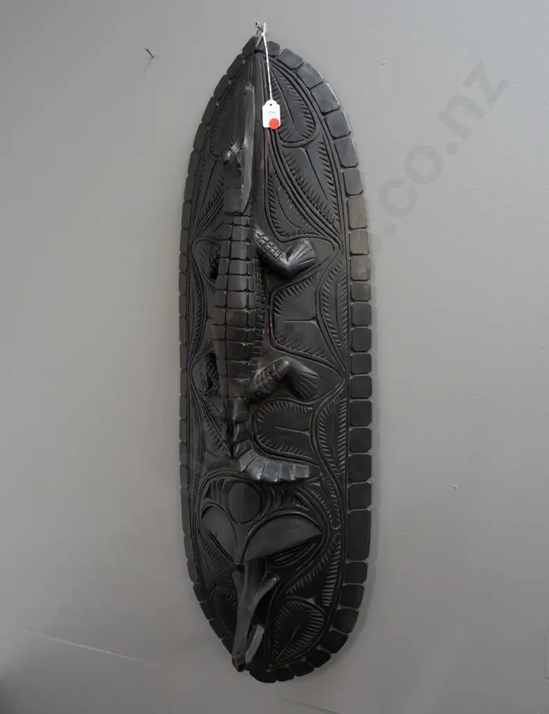 large dark stained carved wood wall shield with crocodile above stylized bird head H-900 W-280 Image 1++
