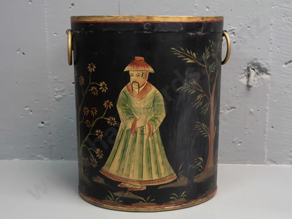 chinoiserie style tole ware painted tin waste paper basket or stick stand with gilded ring handles - some wear Image 1++
