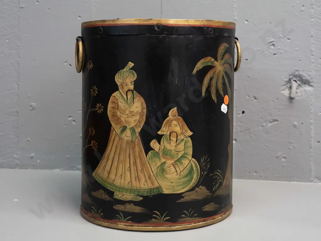chinoiserie style tole ware painted tin waste paper basket or stick stand with gilded ring handles - some wear Image 1++