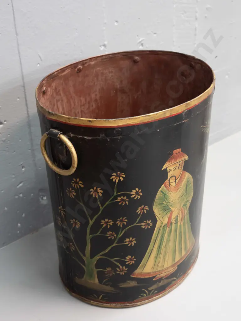 chinoiserie style tole ware painted tin waste paper basket or stick stand with gilded ring handles - some wear Image 1++