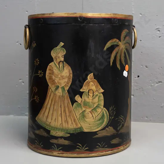 chinoiserie style tole ware painted tin waste paper basket or stick stand with gilded ring handles - some wear