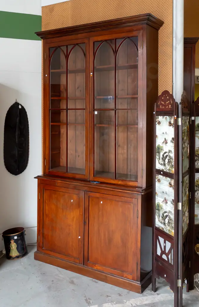 Regency walnut & elm book case astragal arch topped glazed doors above 2 panelled cupboard doors, 3 shelves,  lock & Image 1++