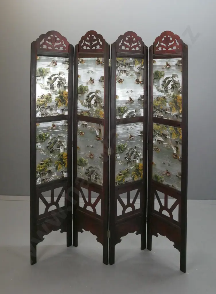 Chinese 4-fold reproduction standing screen w/ pierced sunburst bottom panels & pierced lotus top crests, printed Image 1++