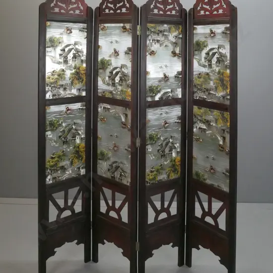 Chinese 4-fold reproduction standing screen w/ pierced sunburst bottom panels & pierced lotus top crests, printed