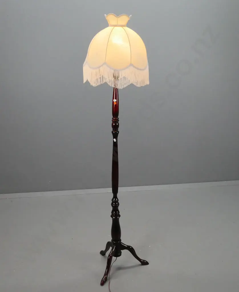 retro standard lamp w/ turned fluted column to three-point base. Column loose at central join. Waisted frilled ivory- Image 1++