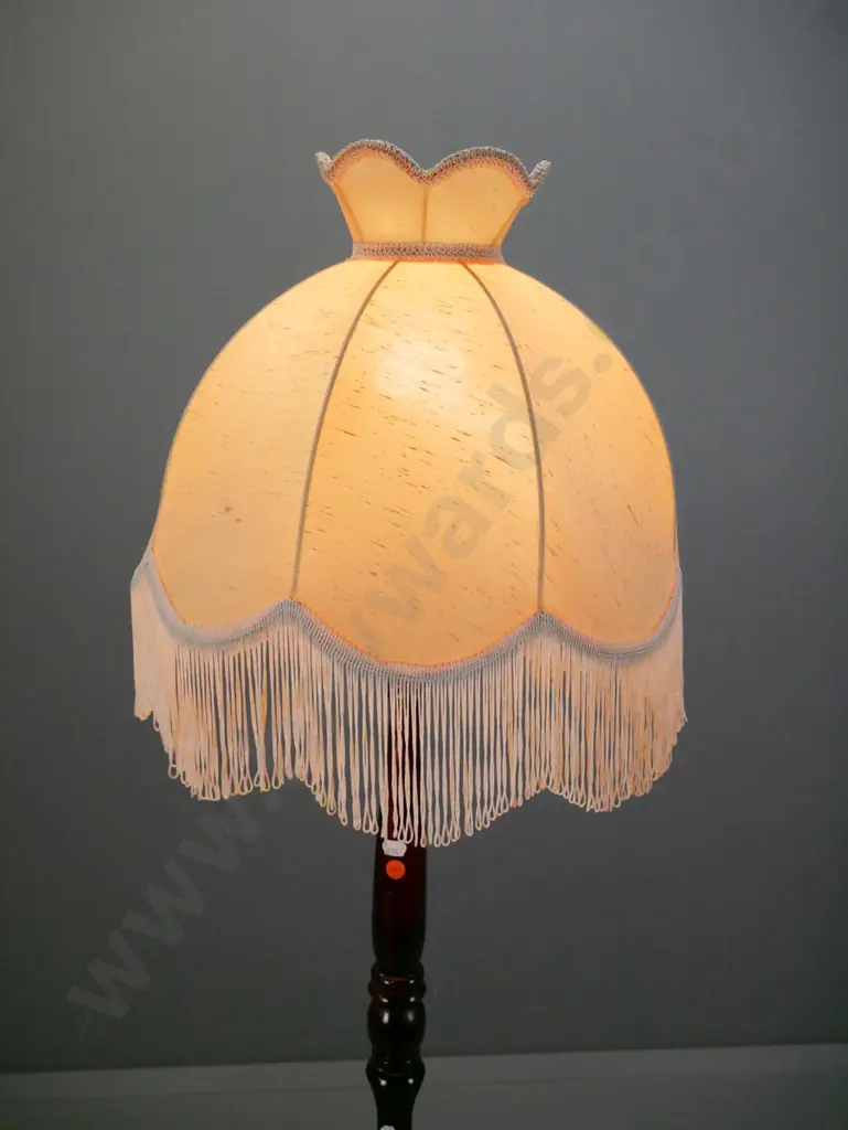 retro standard lamp w/ turned fluted column to three-point base. Column loose at central join. Waisted frilled ivory- Image 1++