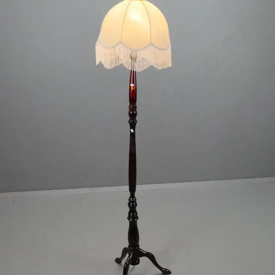 retro standard lamp w/ turned fluted column to three-point base. Column loose at central join. Waisted frilled ivory-