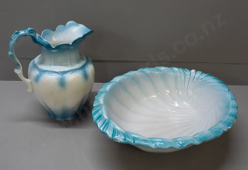 vintage nouveau style blue and white shell-shaped jug and basin set - some staining/crazing. Jug H-310 Basin L-470 Image 1++