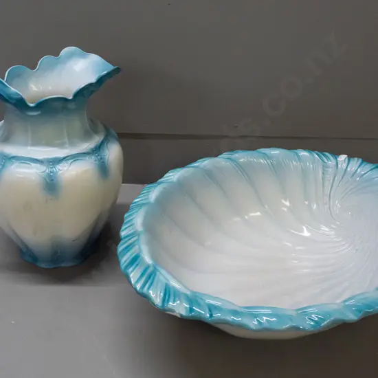 vintage nouveau style blue and white shell-shaped jug and basin set - some staining/crazing. Jug H-310 Basin L-470