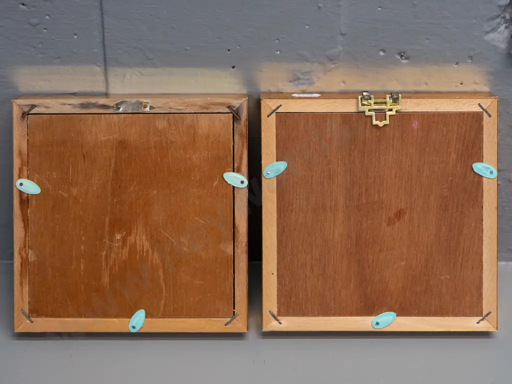 2 butterflies in brass finish metal over wood frames - some wear/damage, one frame missing hanging bracket. H-145 W-145 Image 1++