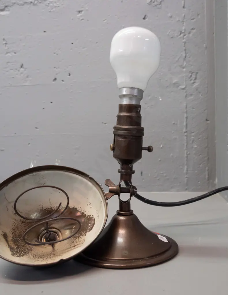 vintage small brass bedside lamp with enamel lined shade that clips onto bulb, "Spersom" markings, clip on base - going. Image 1++