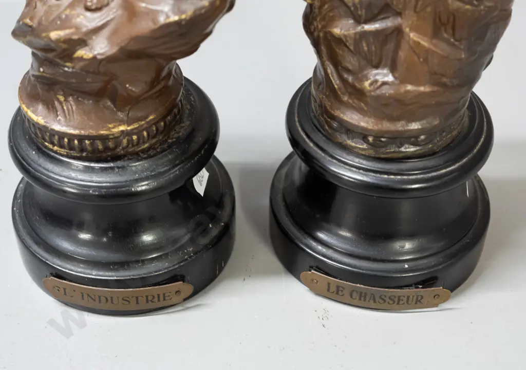 pair of spelter figures on turned wood bases - with French labels - Chasseur (Hunter) and Industrie. Both with patina'd Image 1++
