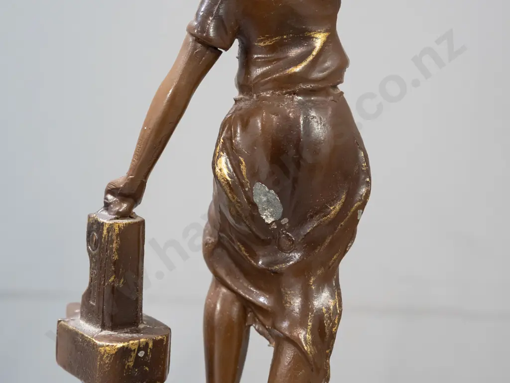 pair of spelter figures on turned wood bases - with French labels - Chasseur (Hunter) and Industrie. Both with patina'd Image 1++