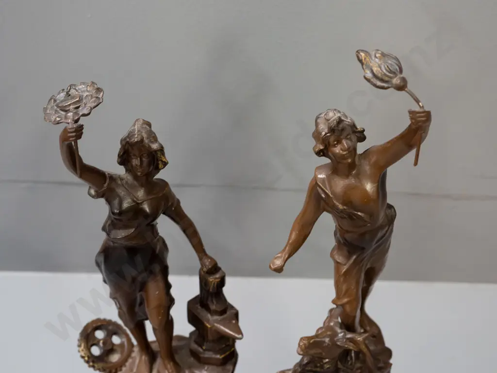 pair of spelter figures on turned wood bases - with French labels - Chasseur (Hunter) and Industrie. Both with patina'd Image 1++