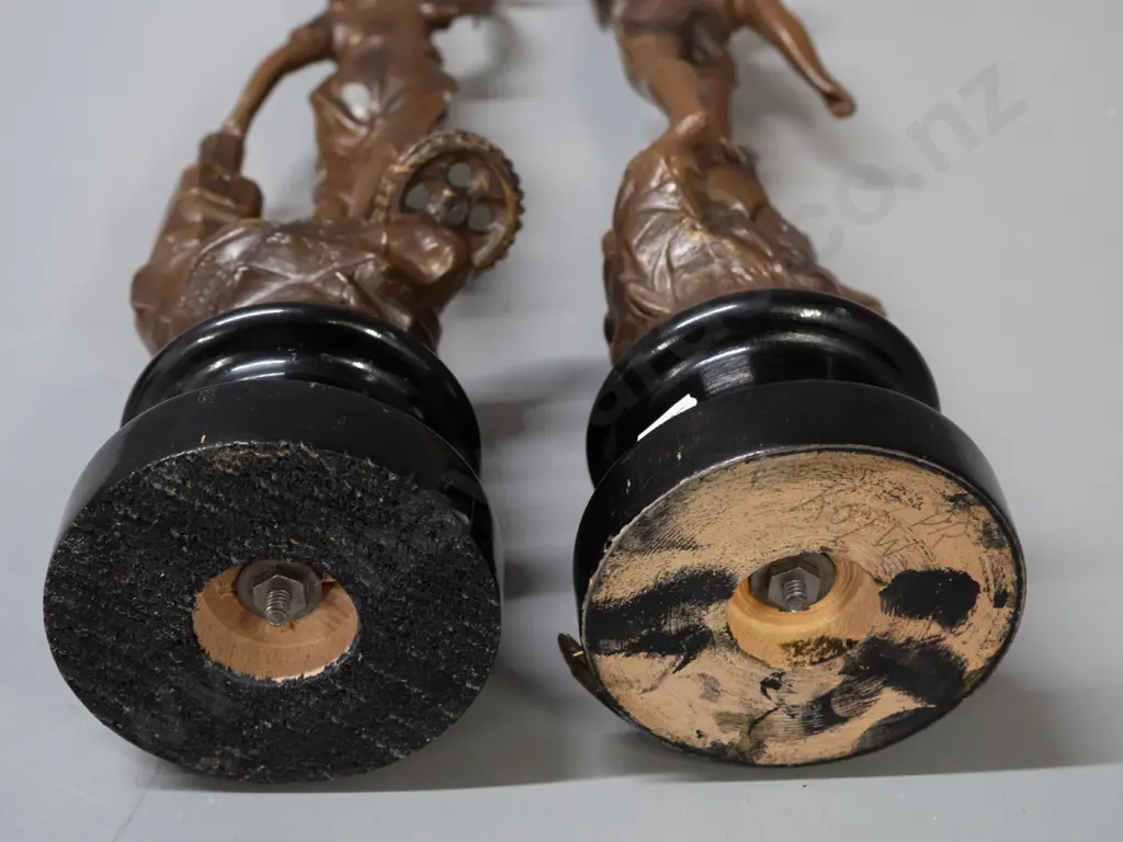 pair of spelter figures on turned wood bases - with French labels - Chasseur (Hunter) and Industrie. Both with patina'd Image 1++