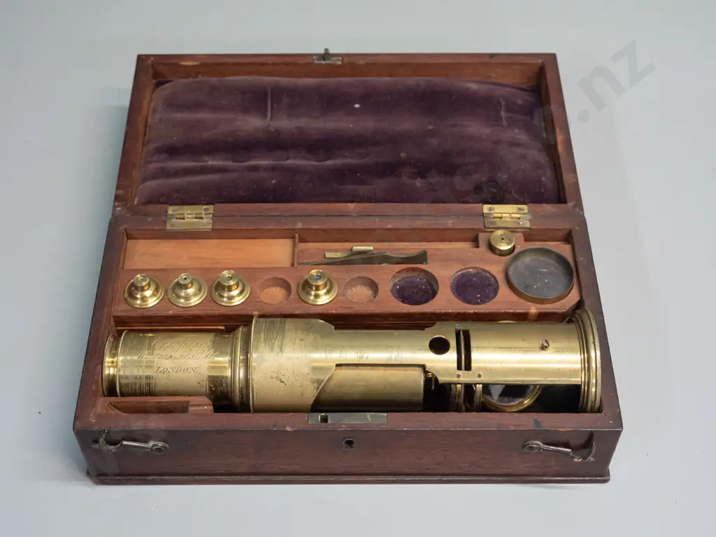 Antique Crichton London brass microscope in fitted mahogany case, 5 additional lenses & tray of slides. Case H90 W270 Image 1++