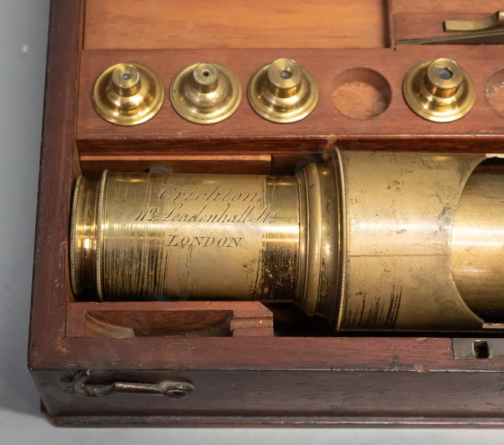 Antique Crichton London brass microscope in fitted mahogany case, 5 additional lenses & tray of slides. Case H90 W270 Image 1++