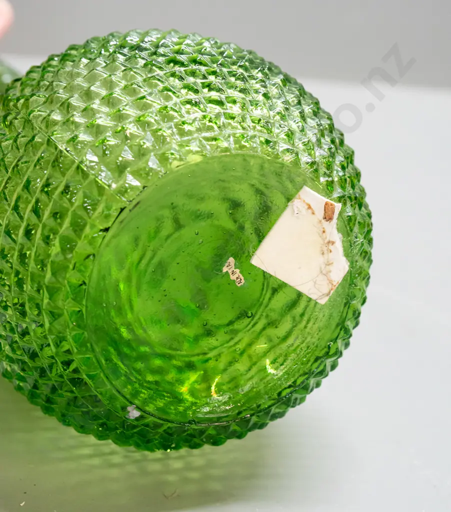 light green genie bottle with modeled hob nail decoration,  some damage nylon plastic inside stopper H480 Image 1++