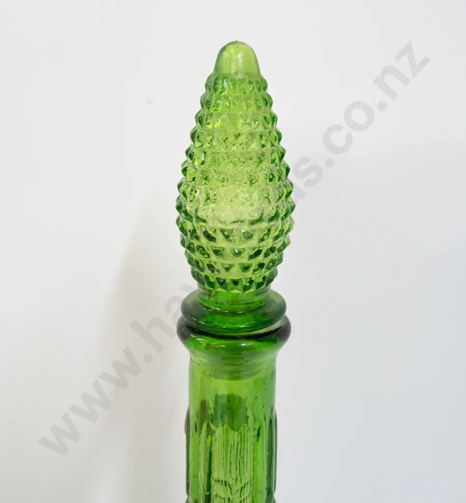 light green genie bottle with modeled hob nail decoration,  some damage nylon plastic inside stopper H480 Image 1++