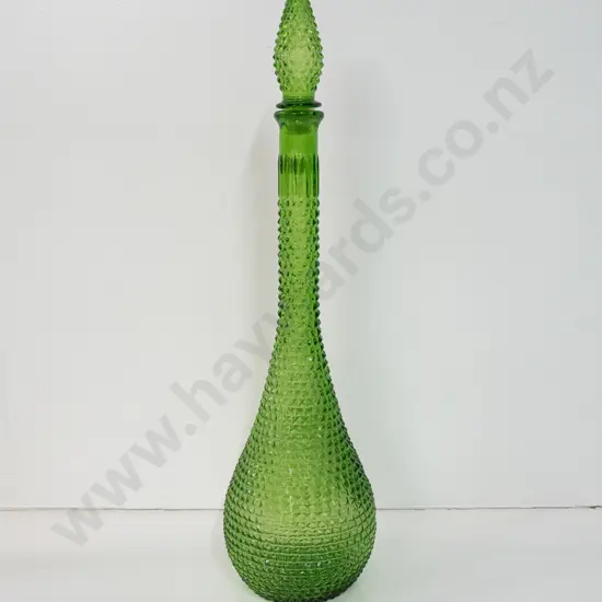 light green genie bottle with modeled hob nail decoration,  some damage nylon plastic inside stopper H480