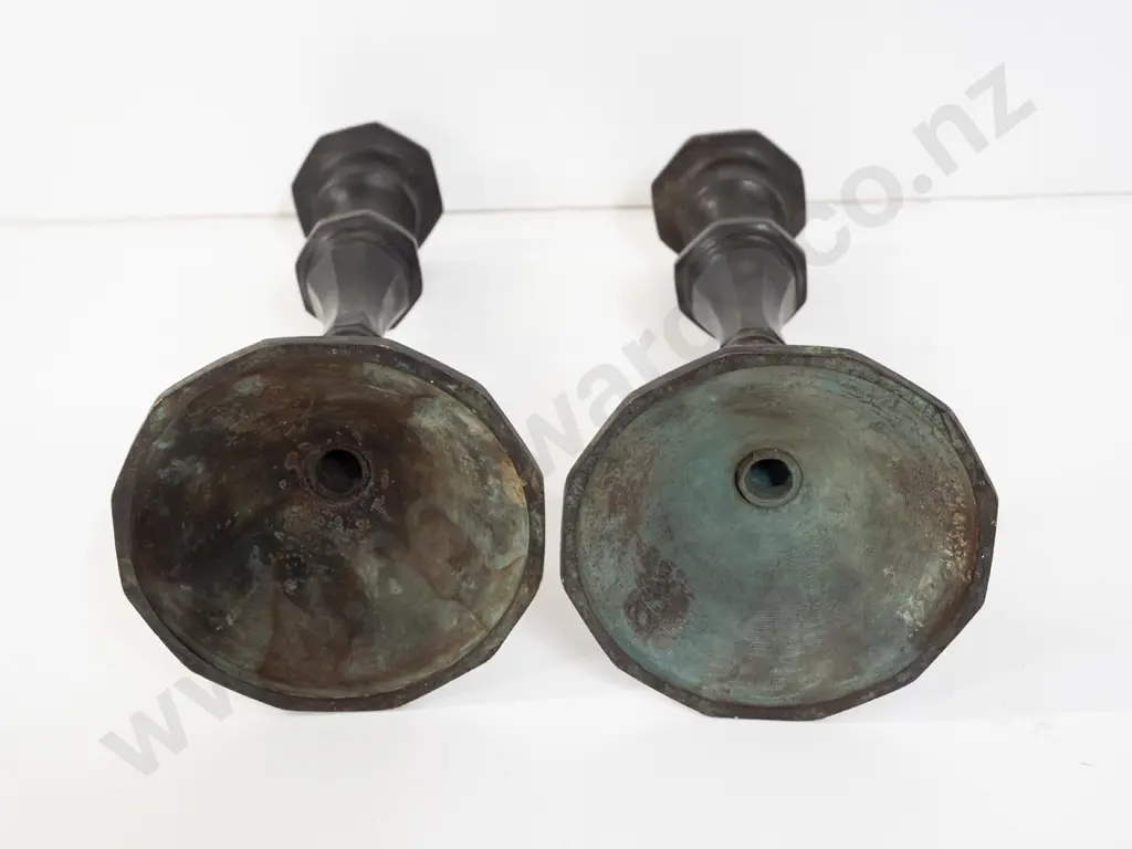 vintage pair of candlesticks - possibly patina'd brass, wide openings, may be missing sconces H-320 Image 1++