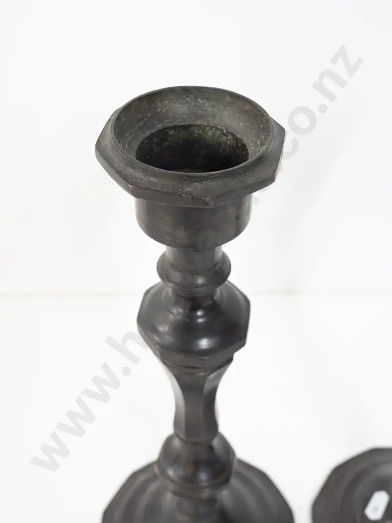 vintage pair of candlesticks - possibly patina'd brass, wide openings, may be missing sconces H-320 Image 1++