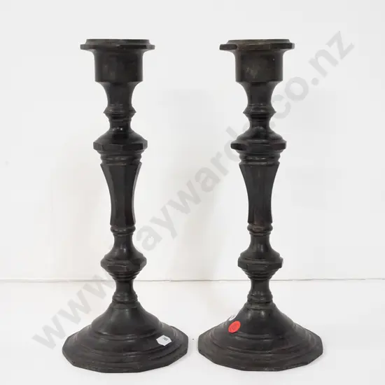 vintage pair of candlesticks - possibly patina'd brass, wide openings, may be missing sconces H-320