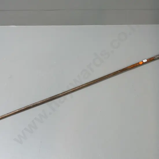 walking cane with horn handle and silver (maybe sterling?) band and brass ferrule - has a short loss or gouge L-910