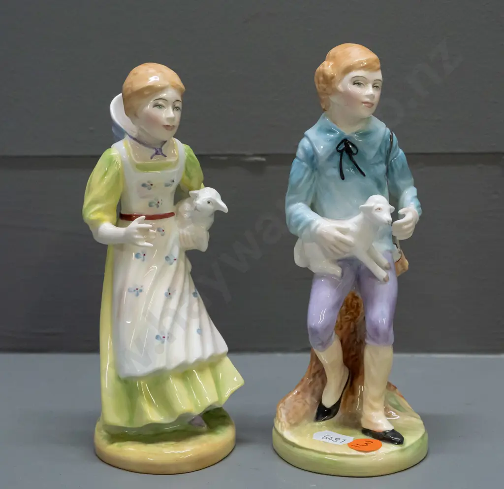 2 hand-painted signed Francesca Art China Staffordshire figurines: male & female "Spring" pair with lambs, male is H-170 Image 1++