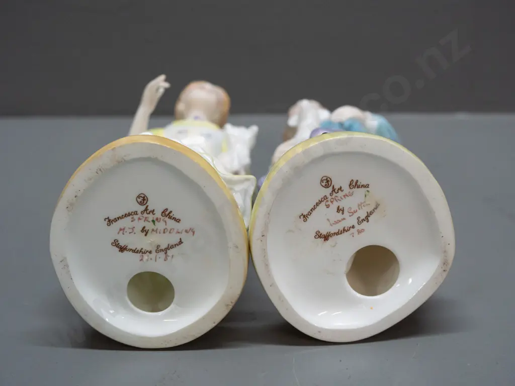 2 hand-painted signed Francesca Art China Staffordshire figurines: male & female "Spring" pair with lambs, male is H-170 Image 1++