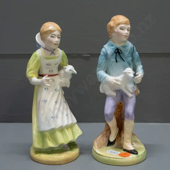 2 hand-painted signed Francesca Art China Staffordshire figurines: male & female "Spring" pair with lambs, male is H-170