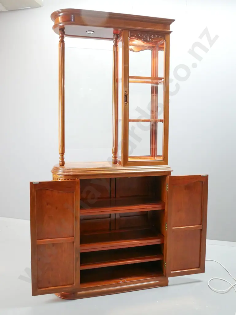 asian mahogany 2-piece double-sided display cabinet with bevelled edge glass doors, etched koi and lotus motif glass Image 1++