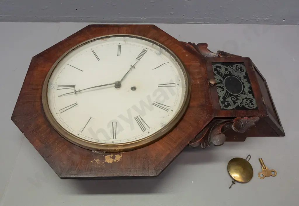 vintage wall hanging clock with octagonal front rosewood veneer case, pull down door over pendulum compartment - marked Image 1++