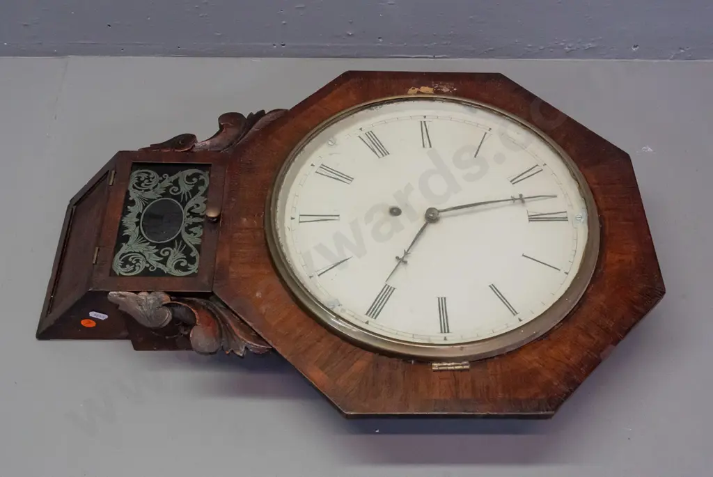 vintage wall hanging clock with octagonal front rosewood veneer case, pull down door over pendulum compartment - marked Image 1++