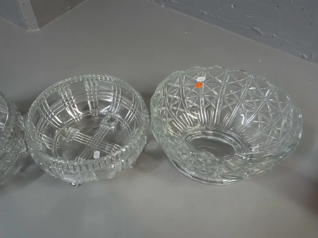 3 moulded clear glass bowls - pair of 4-footed deco banded pattern fruit or salad bowls and a larger round-footed oval Image 1++