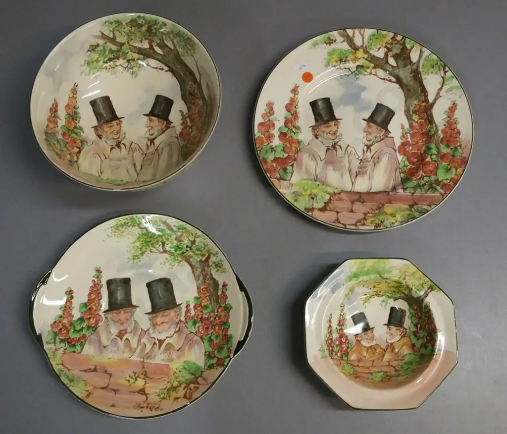 4x Royal Doulton Zunday Zmocks: footed bowl, plate, small dish, cake plate. Plate & footed bowl marked Noke. Footed bowl Image 1++