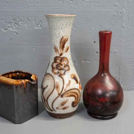 Titian Ware brown and gold trickle glaze jug No. 1351, German pottery vase & turned wood bottle vase with dark red