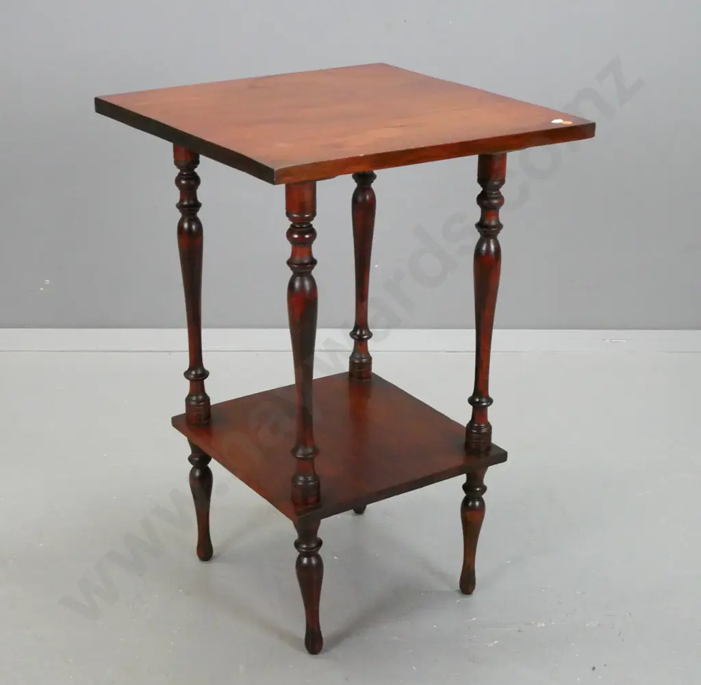 rimu 2 tier hybrid side table, with turned uprights above turned legs, staining to top. H720 W480 Image 1++