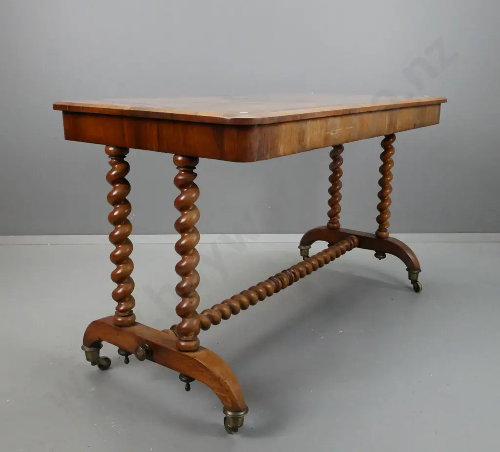 Regency rosewood library or side table w/ twin Jacobean-style twist supports & central refectory base, on large brass Image 1++
