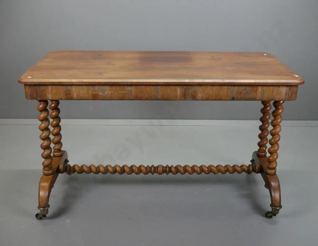 Regency rosewood library or side table w/ twin Jacobean-style twist supports & central refectory base, on large brass Image 1++
